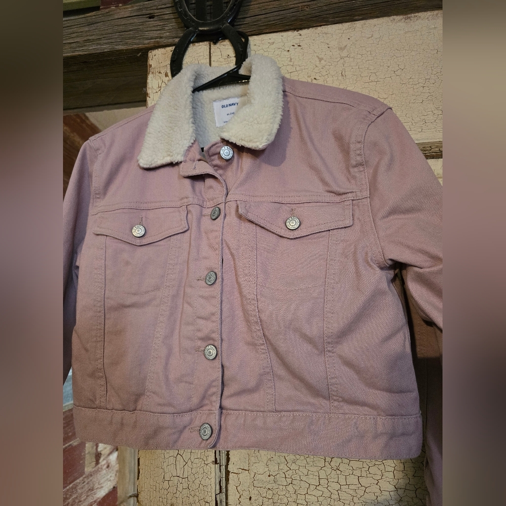 Girls OLD NAVY Blush Pink Denim sherpa lined Jacket with Cream Collar sz 14 GUC!